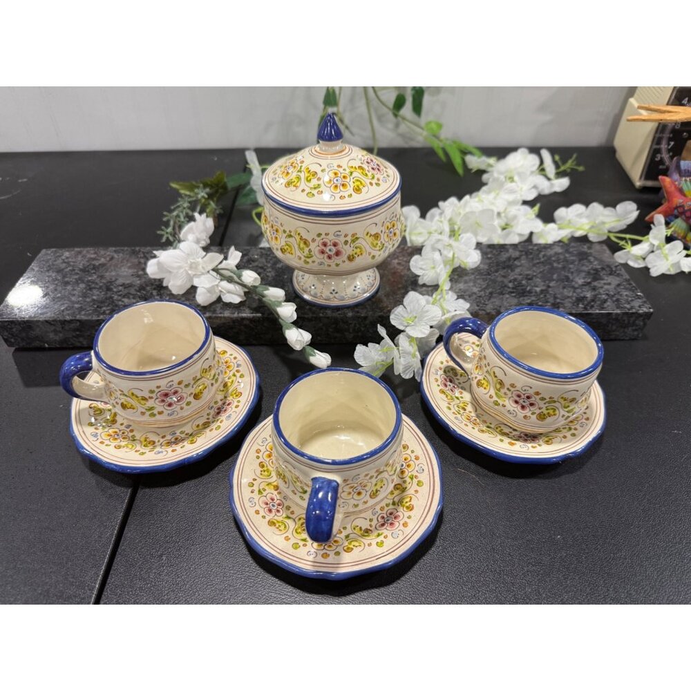 Conde Talavera Vintage Mexican Hand-Painted 4-Piece Cup & Saucer Set Floral Desi